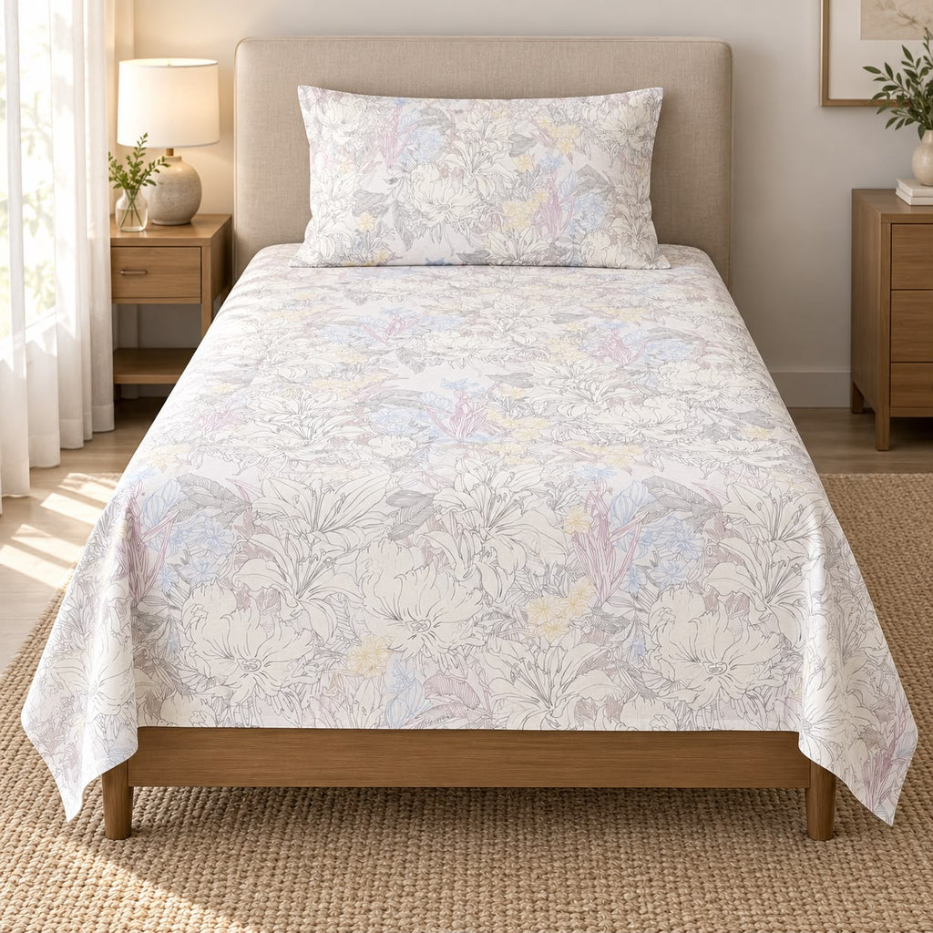 Printed Single Bedsheet Set – 2 Pcs (1 Bedsheet + 1 Pillow Cover) 100 % Pure Cotton