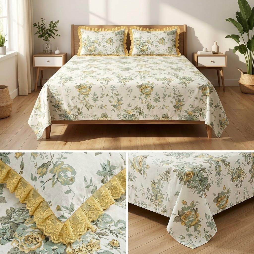 Pure Cotton Floral Bedsheet Set with Elegant Lace-Frilled Pillow Covers – King Size (108 × 108 Inches)