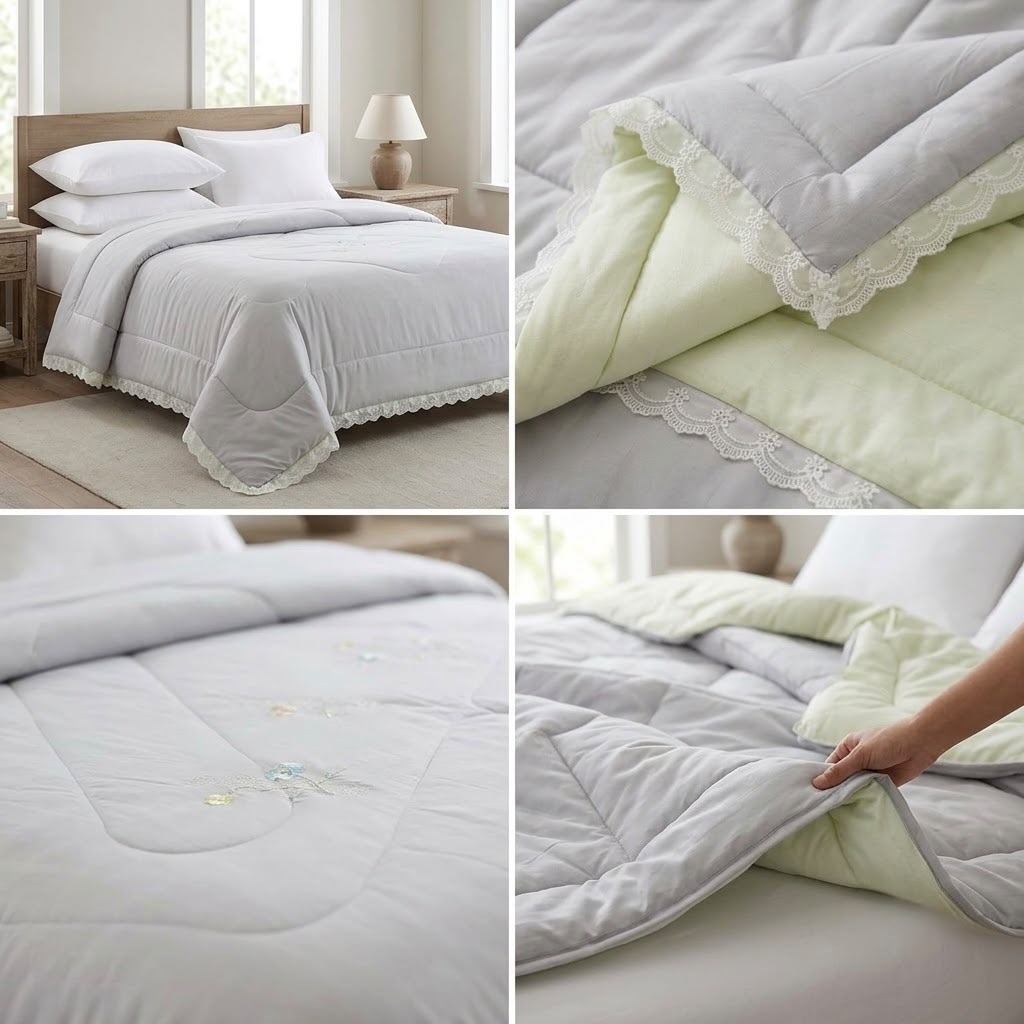 Lace Edge King Size Comforter – Soft Grey & Pastel Green