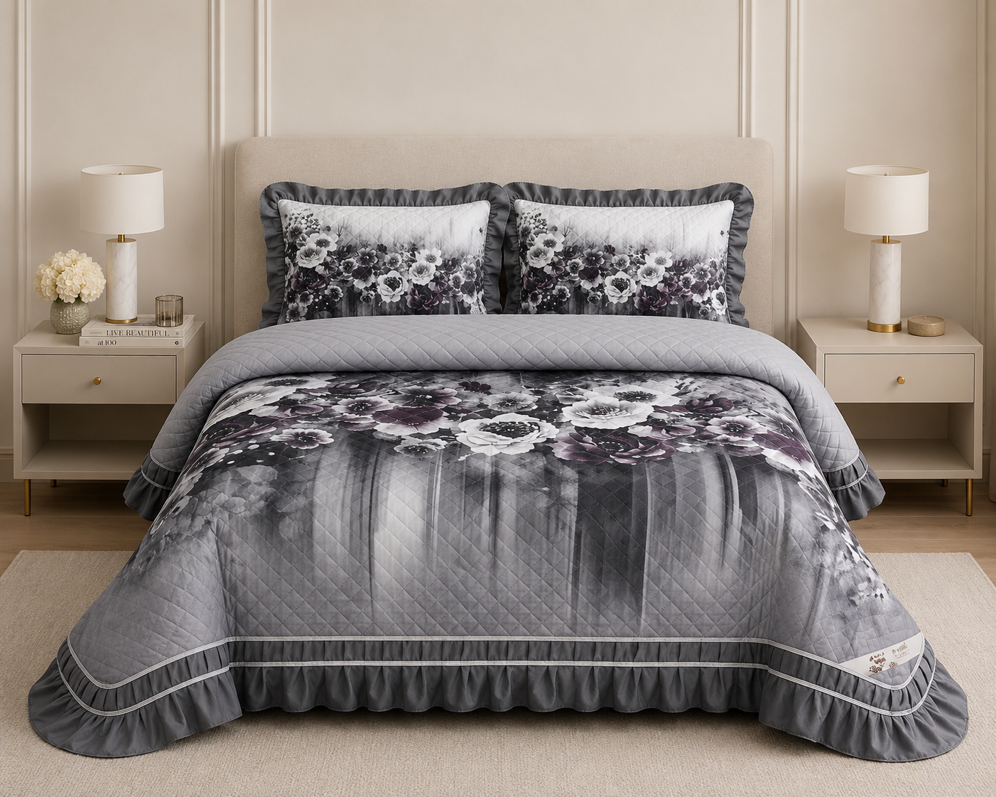 ✨ 7D Quilted Floral Bedcover Set – 3 Piece King Size Collection ✨ Product Code :- 55B168RKEH