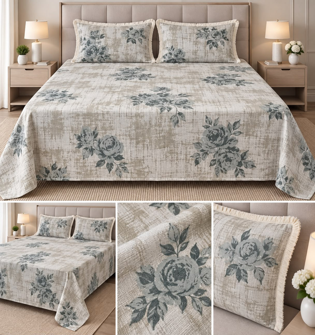Thick Cotton Double Bedsheet with 2 Lace Border Pillow Covers – 2.45 m × 2.75 m