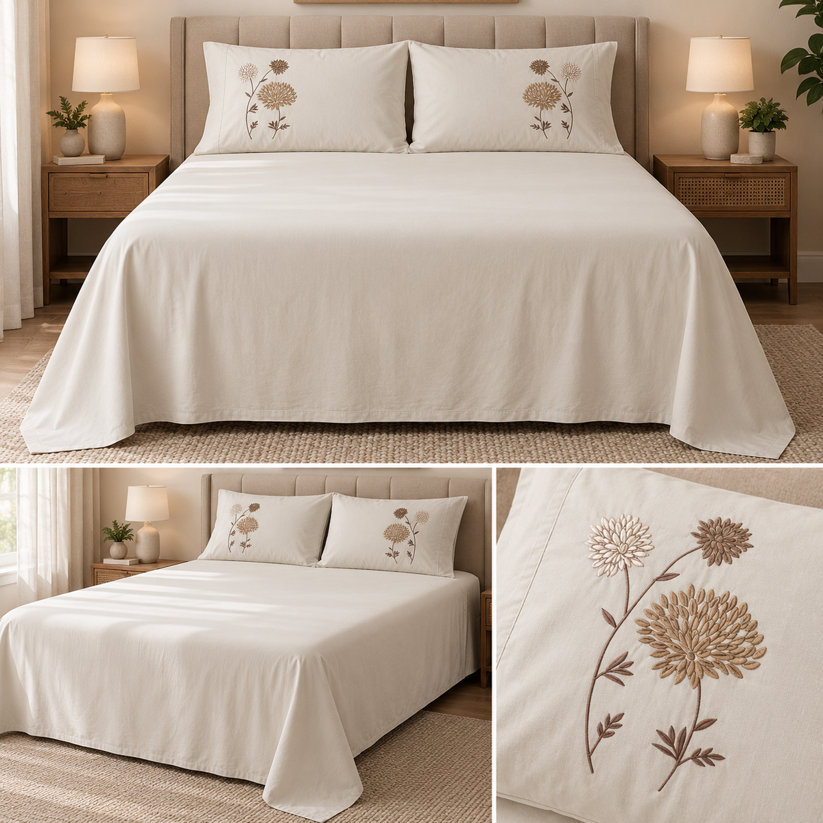 Soft Thick Cotton King Size Bedsheet with Embroidered Pillow Covers