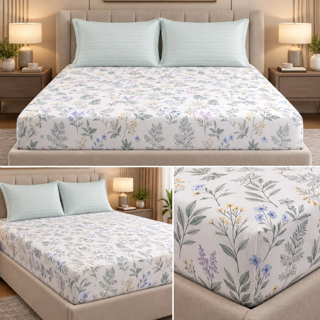 Wildflower Whisper 100% Pure Cotton Fitted Bedsheet Set