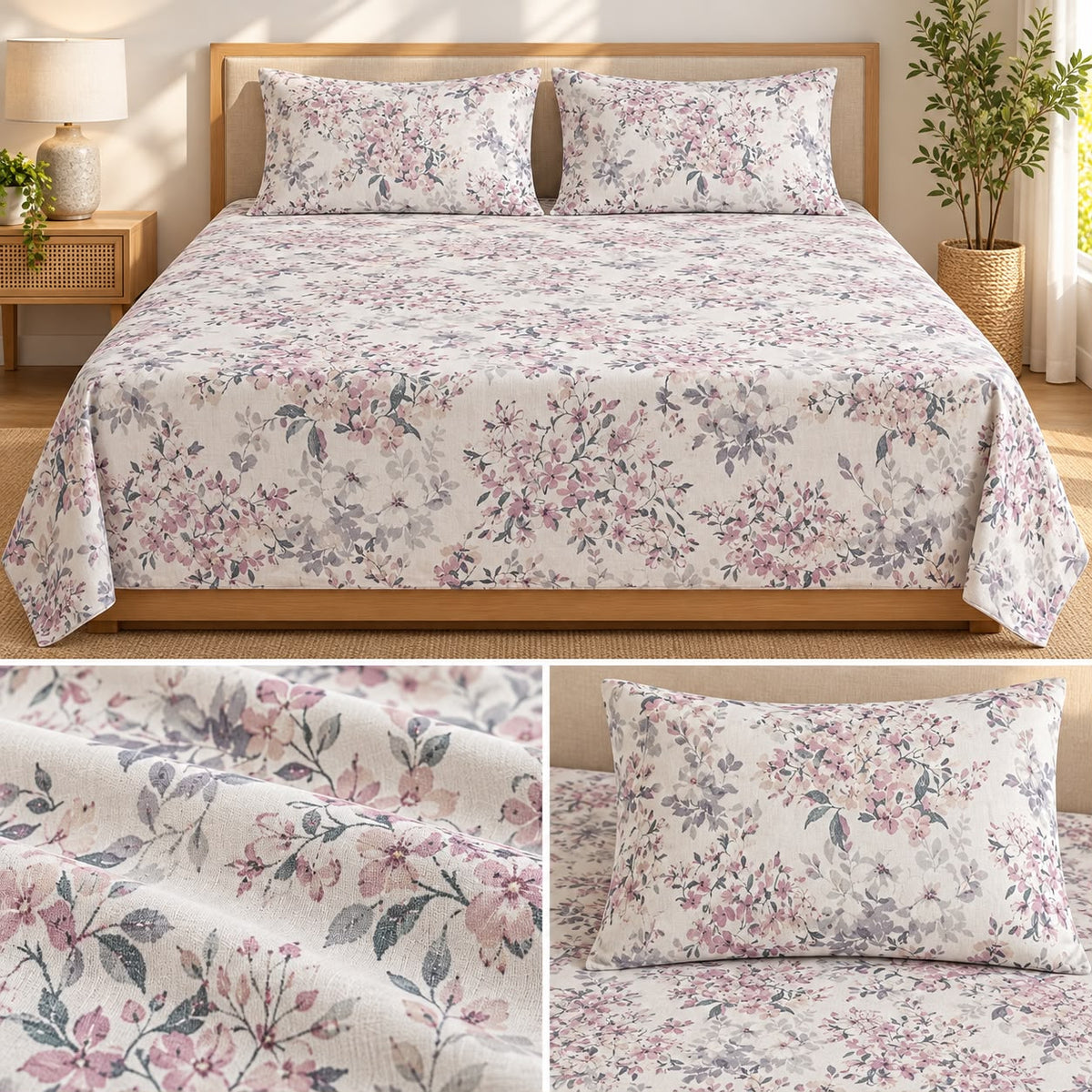 Premium English Botanical Floral Printed Bedsheet Set – King Size 3 Pcs