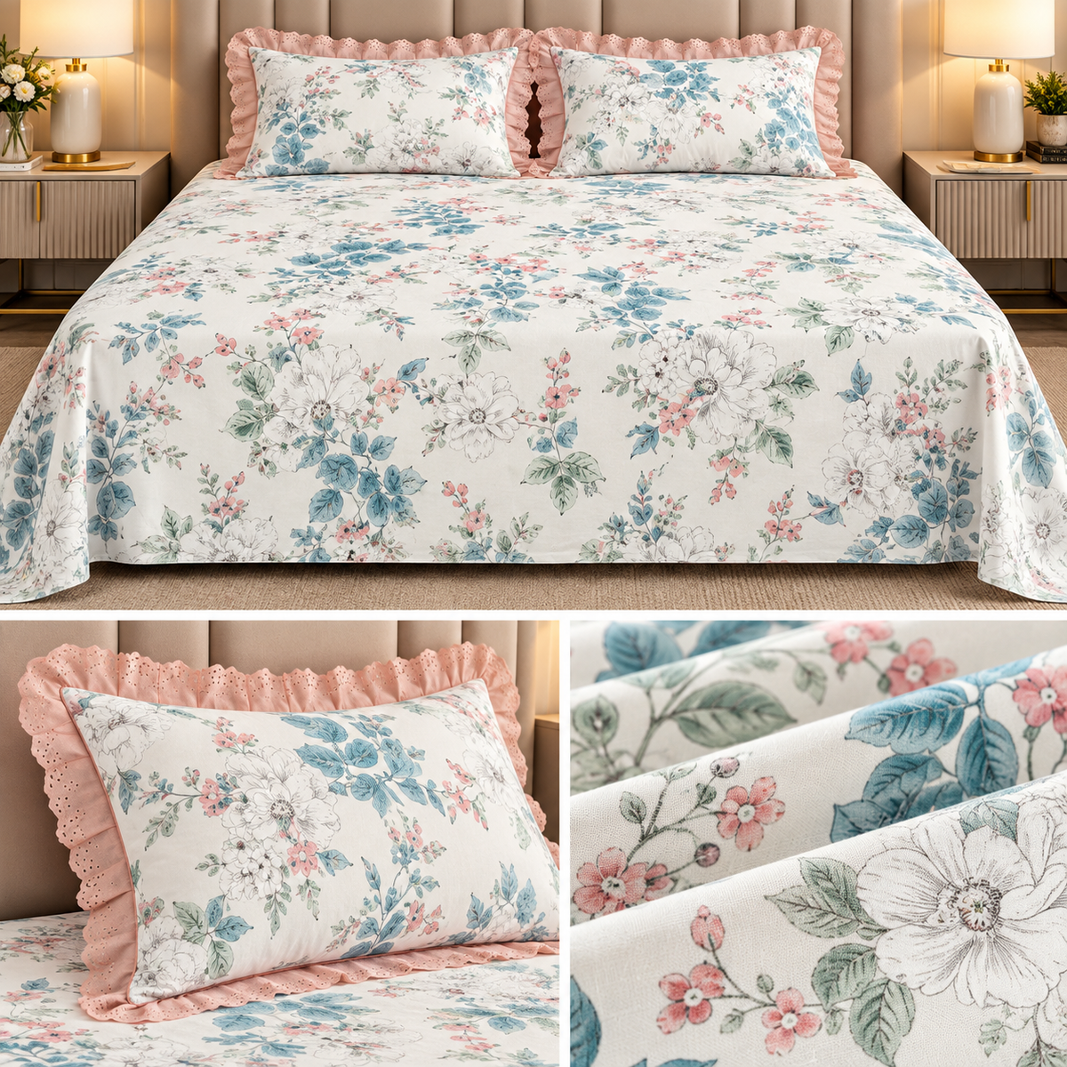 English Garden Premium Cotton Floral Bedsheet Set with Designer Lace Pillow Covers – 108 x 108 Inch
