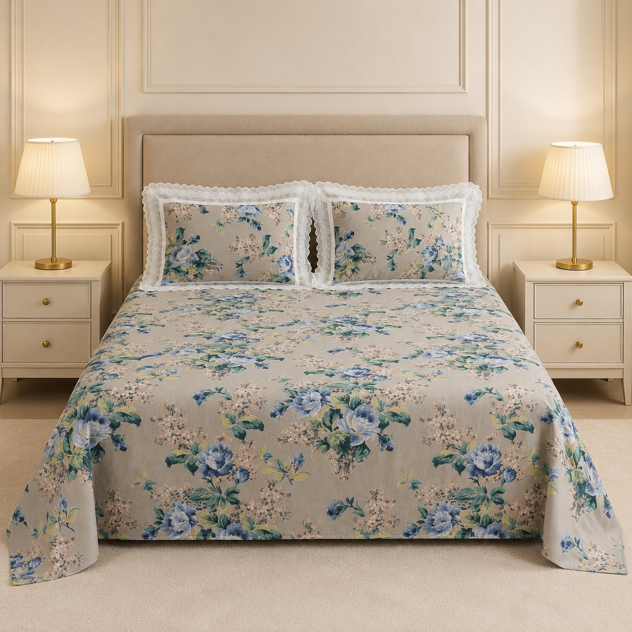 Floral King Size Bedsheet with Designer Lace Pillow Covers (108 x 108 Inches) Product Code:- 55B1099001250KEH