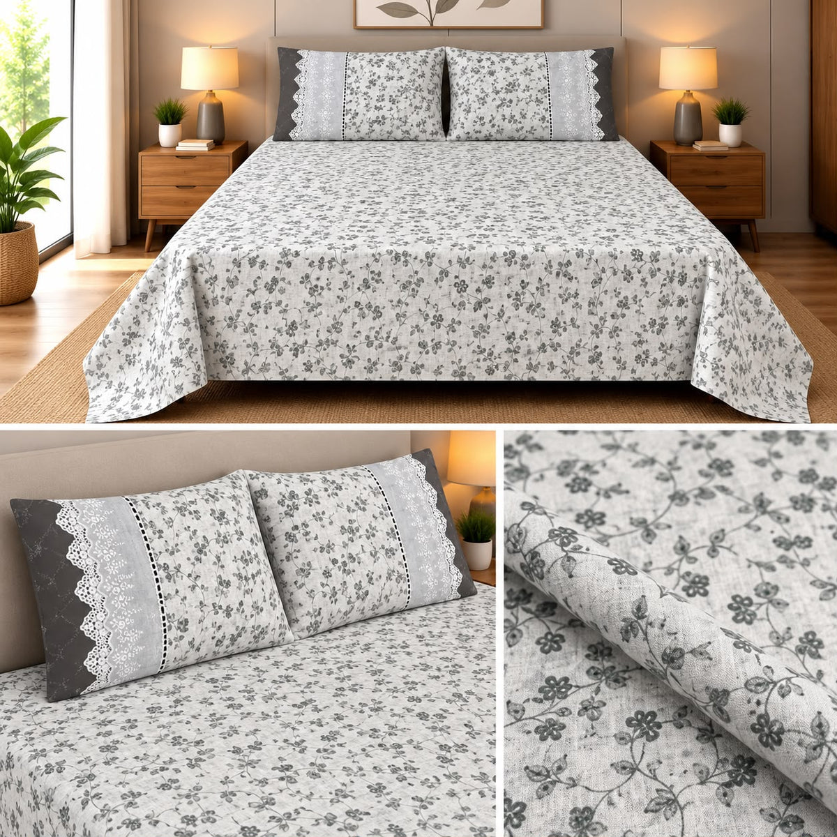 English Meadow Lace Cotton Bedsheet Set – King Size 3 Pcs