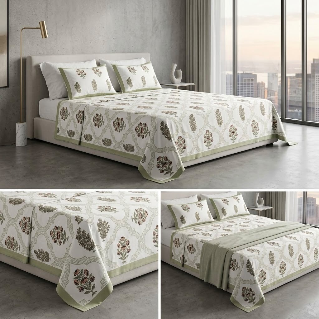 Heritage Block Print Cotton Bedsheet Set – King Size 3 Pcs