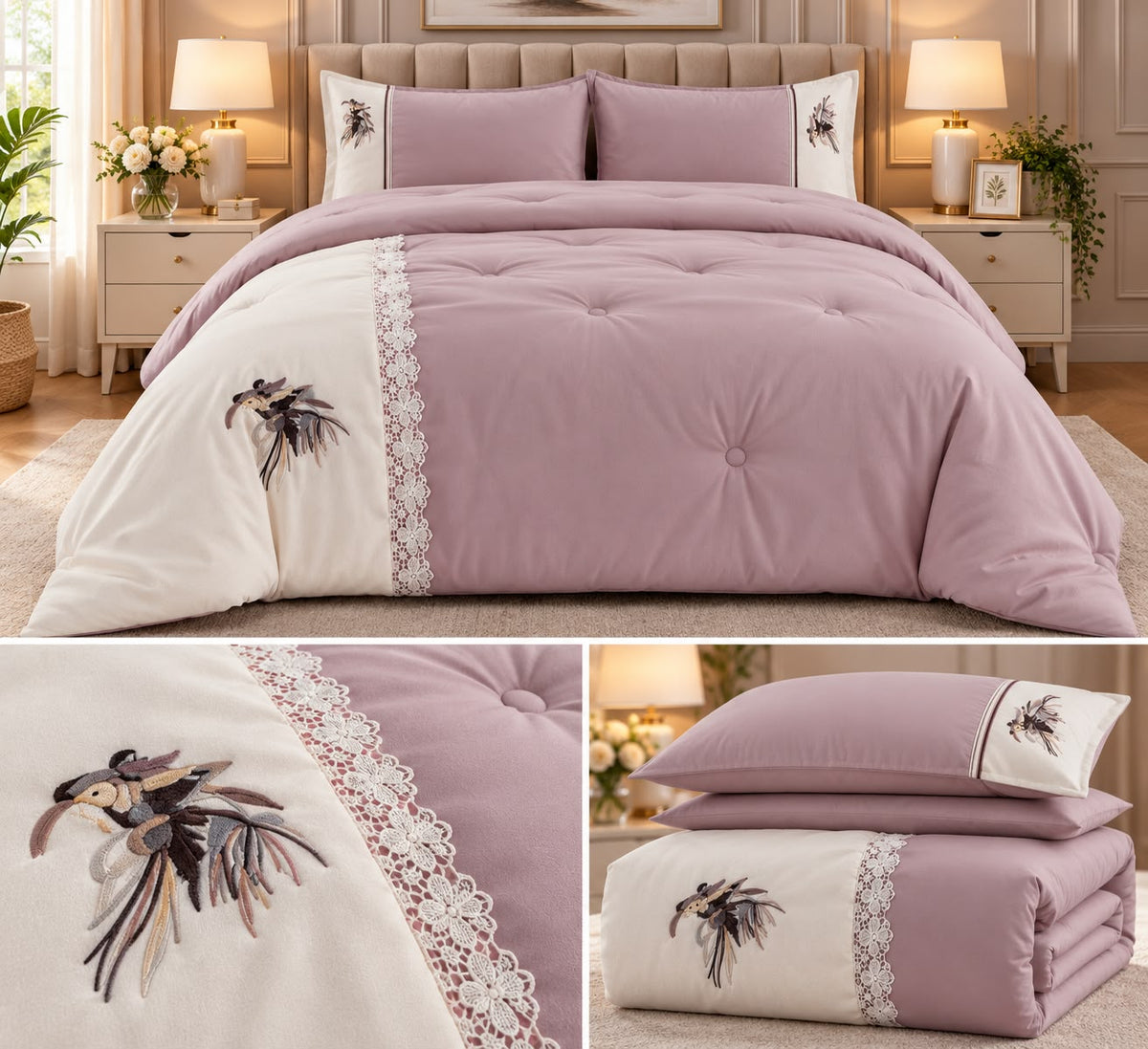 Embroidered Comforter Set with Elegant Lace Detailing – King Size (4 Pcs)