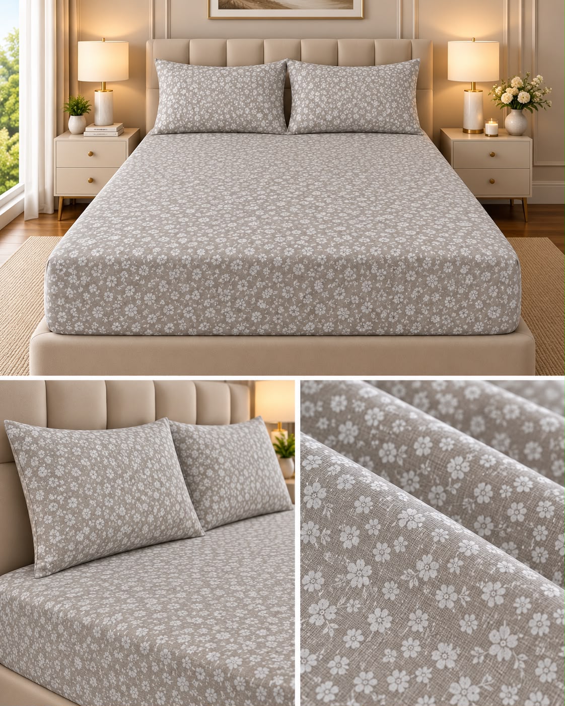 Elegance Pure Cotton King Size Fitted Bedsheet – 3 Piece Set with 2 Pillow Covers