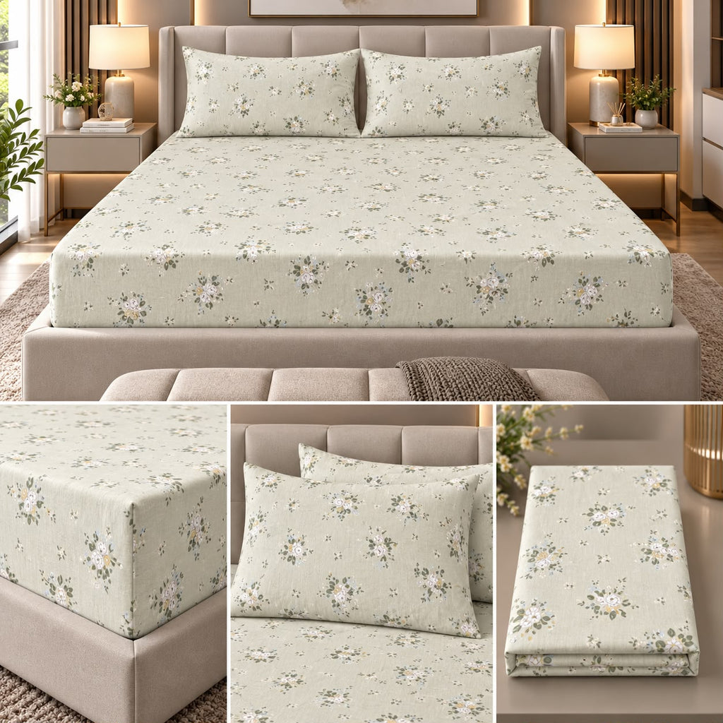 English Meadow 100% Cotton King Fitted Bedsheet – 3 Pcs Set