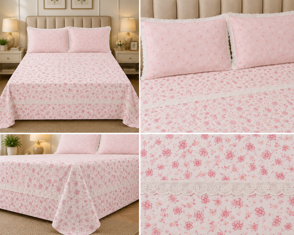 Victorian English Print King Size Bedsheet with Lace Product Code :- 55B99RKEH