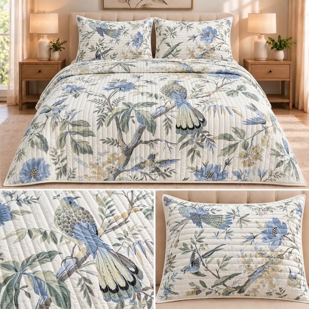 English Prints Quilted Bedcover with 2 Matching Pillow Covers – 3 Pcs Set