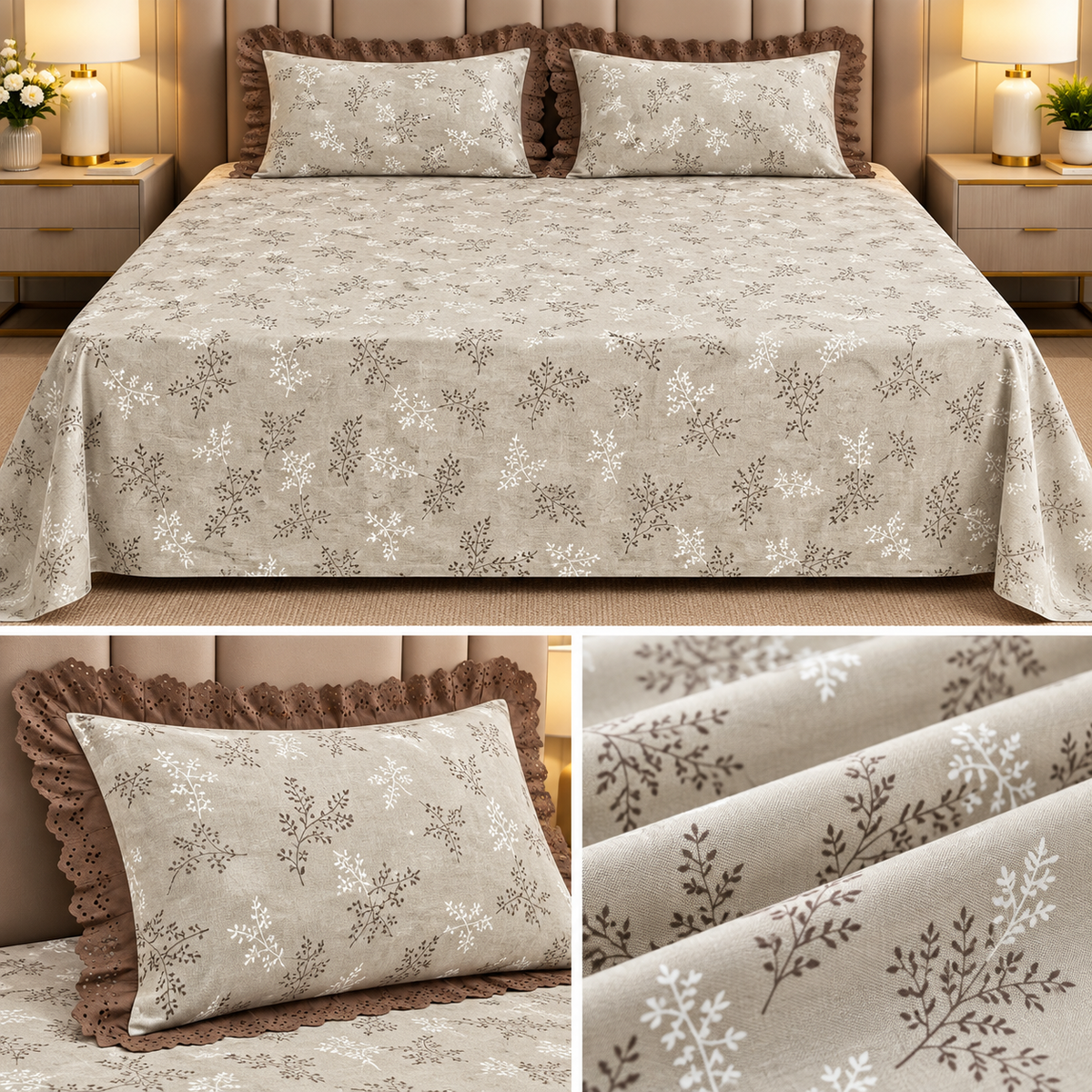 English Garden Premium Cotton Floral Bedsheet Set with Designer Lace Pillow Covers – 108 x 108 Inch