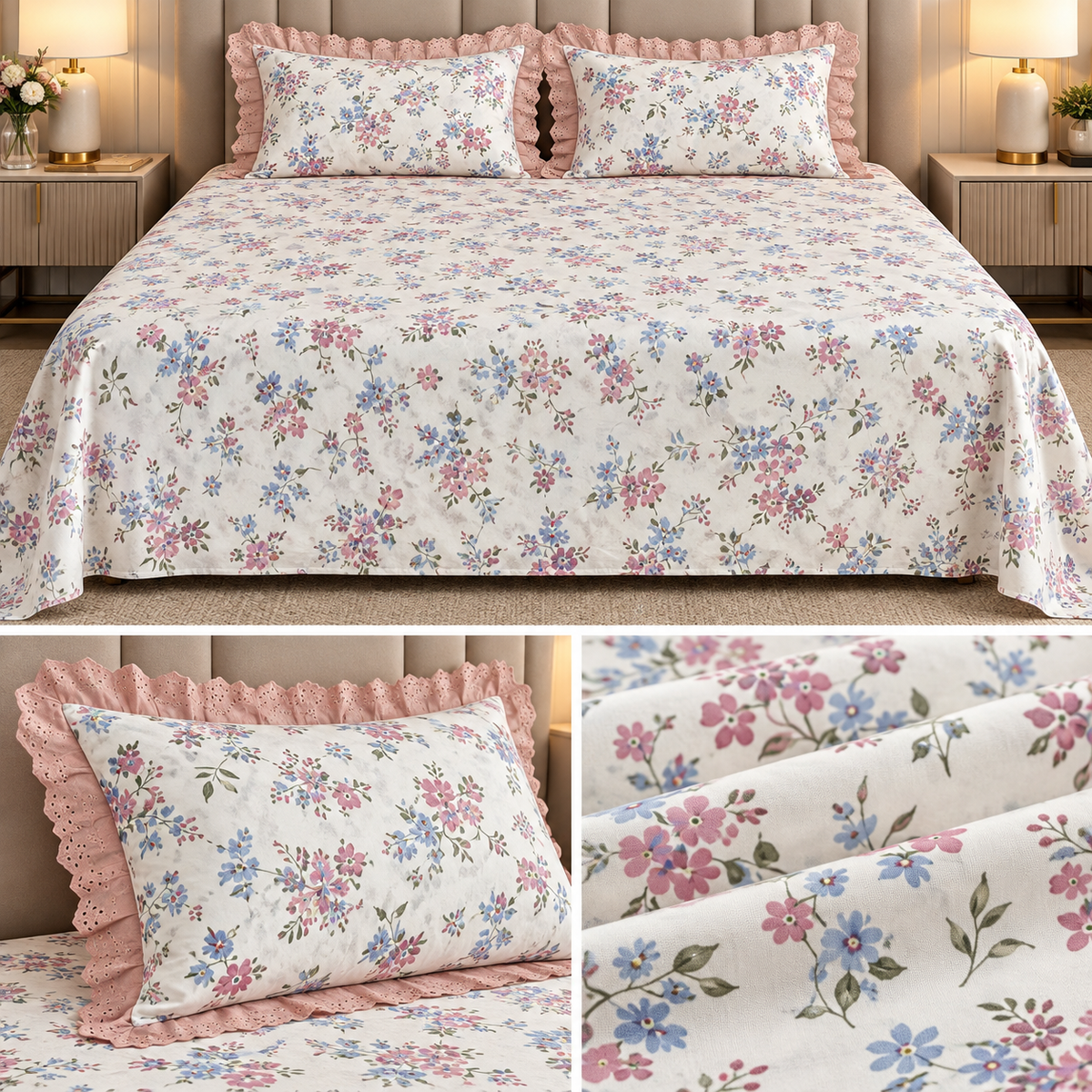 English Garden Premium Cotton Floral Bedsheet Set with Designer Lace Pillow Covers – 108 x 108 Inch