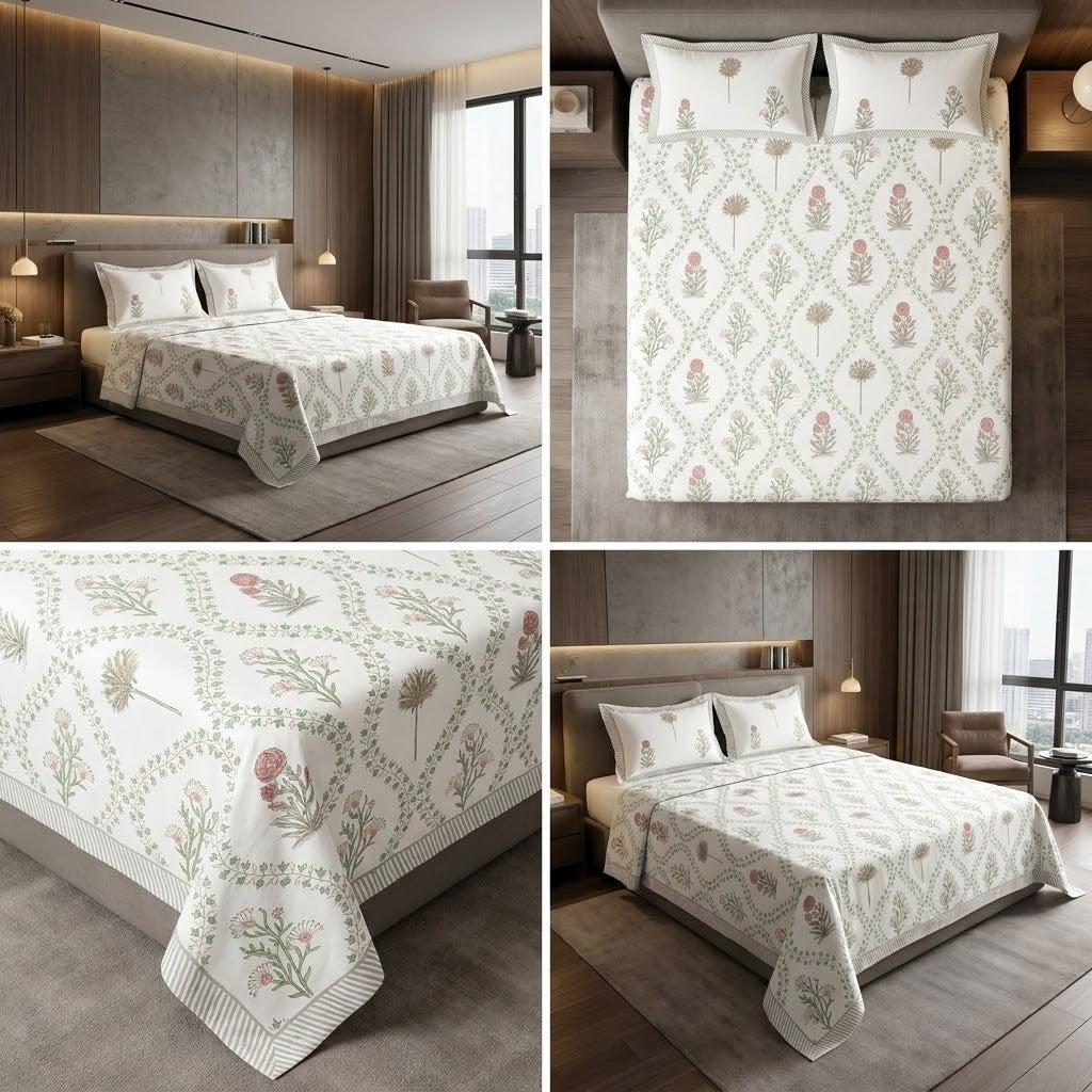 Heritage Block Print Cotton Bedsheet Set – King Size 3 Pcs
