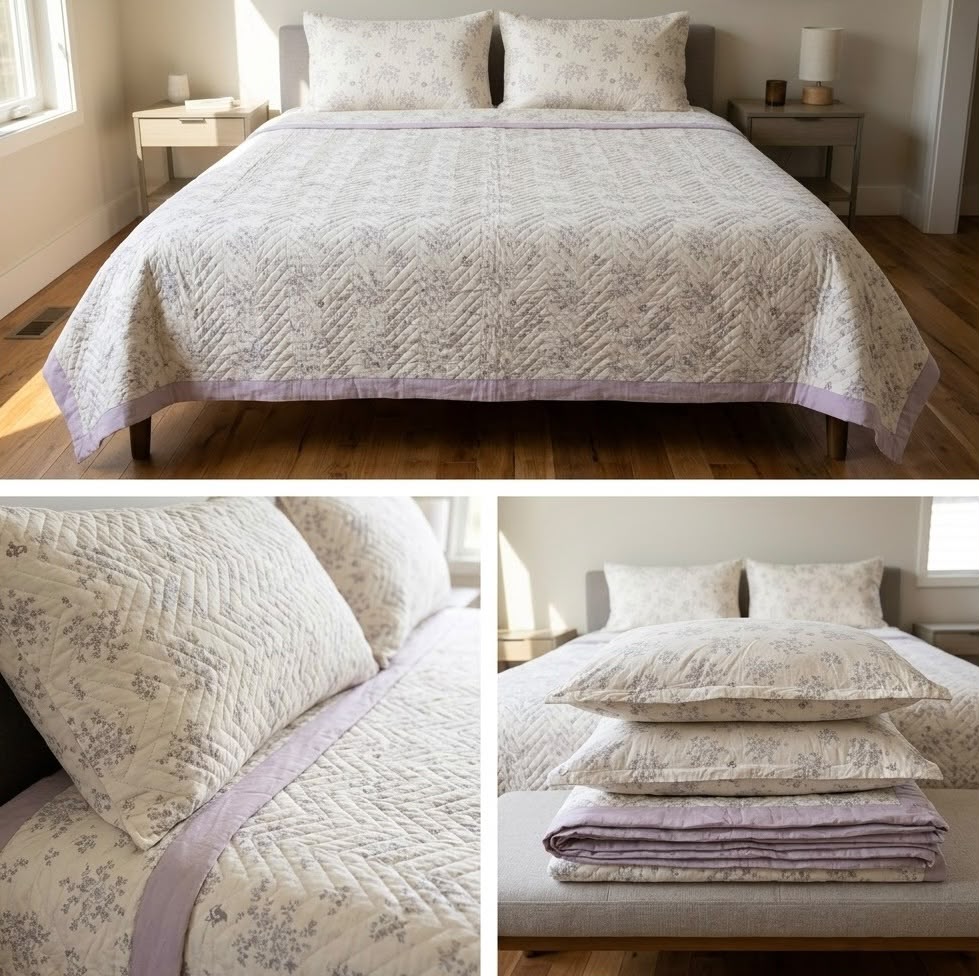 Luxury Floral Quilted Bedcover Set with Elegant Border Detailing – King Size (3 Pcs)