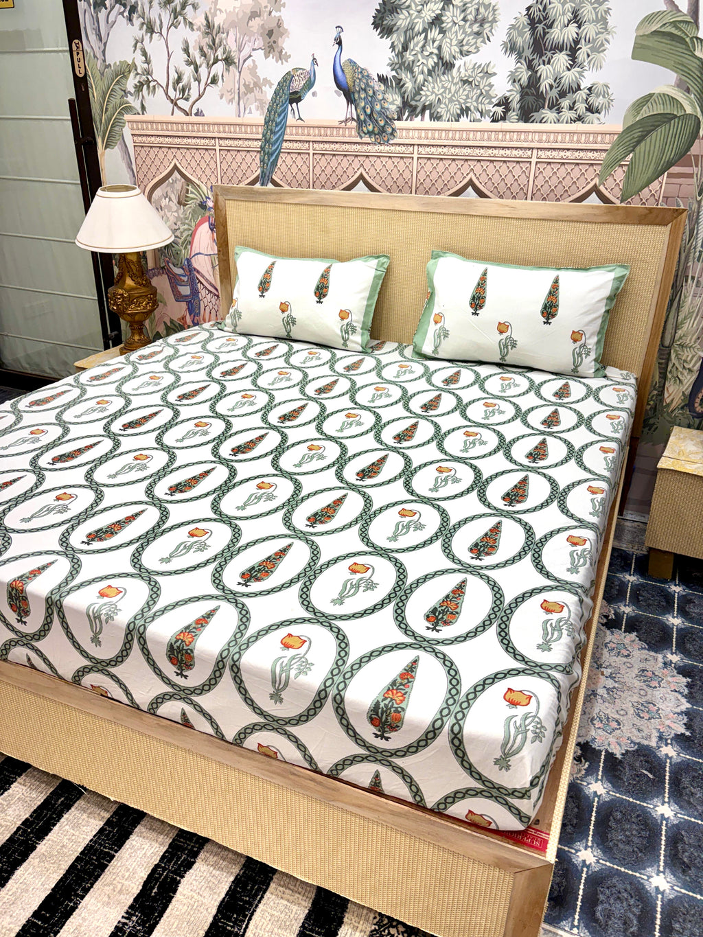 Block Prints Pure Cotton Printed Fitted Bedsheet Set with 2 Pillow Covers