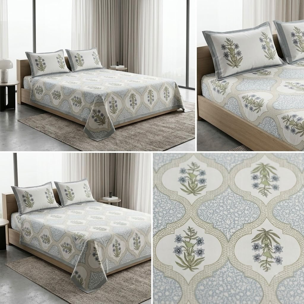 Heritage Block Print Cotton Bedsheet Set – King Size 3 Pcs