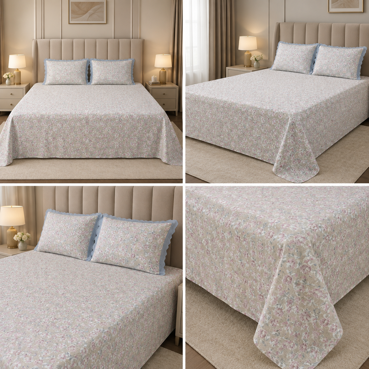 English Floral Print King Size Bedsheet with Lace Pillow Covers – 250 × 270 cm