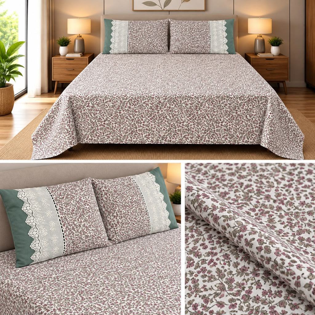 English Meadow Lace Cotton Bedsheet Set – King Size 3 Pcs