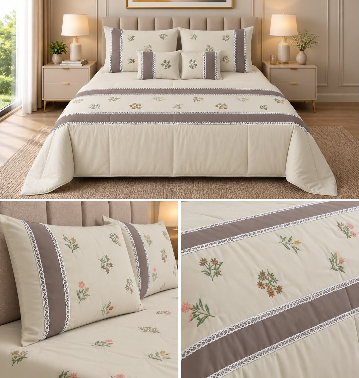 Luxury Floral Embroidered 6-Piece Comforter Bedding Set - King Size