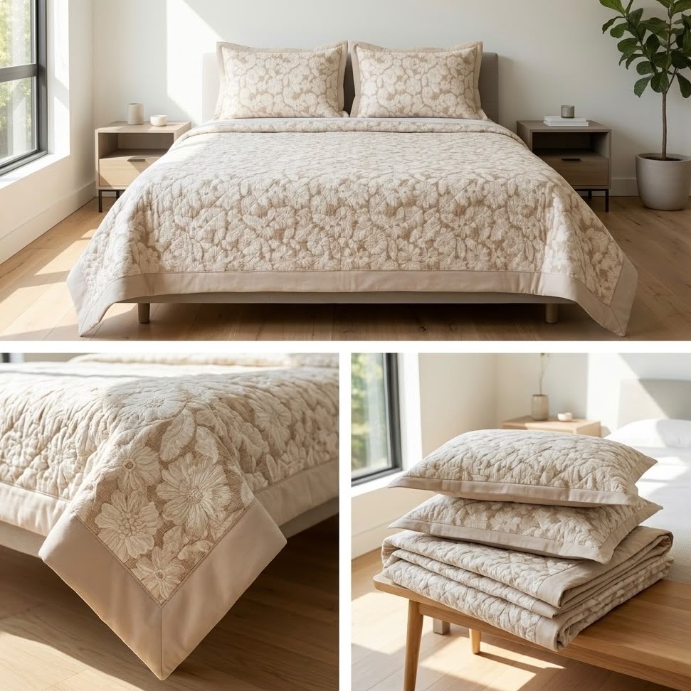 Luxury Floral Quilted Bedcover Set with Elegant Border Detailing – King Size (3 Pcs)
