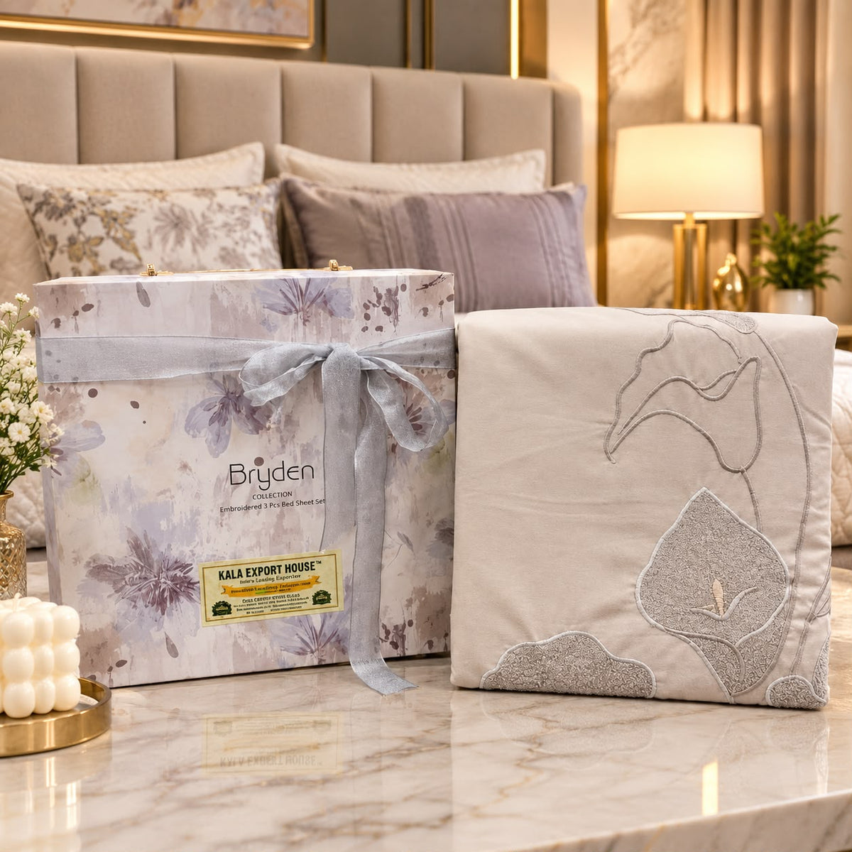 Moonlit Calla Luxe Embroidered Gift Box Bedsheet Set – 3 Pcs
