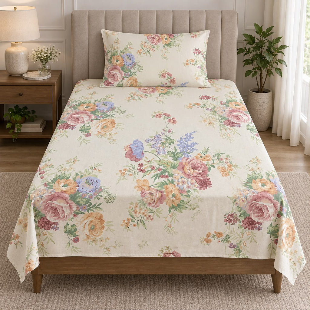 Printed Single Bedsheet Set – 2 Pcs (1 Bedsheet + 1 Pillow Cover) 100 % Pure Cotton