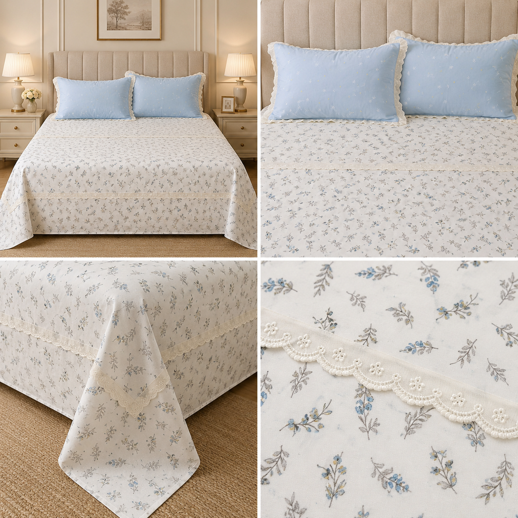 Victorian English Print King Size Bedsheet with Lace Product Code :- 55B99RKEH