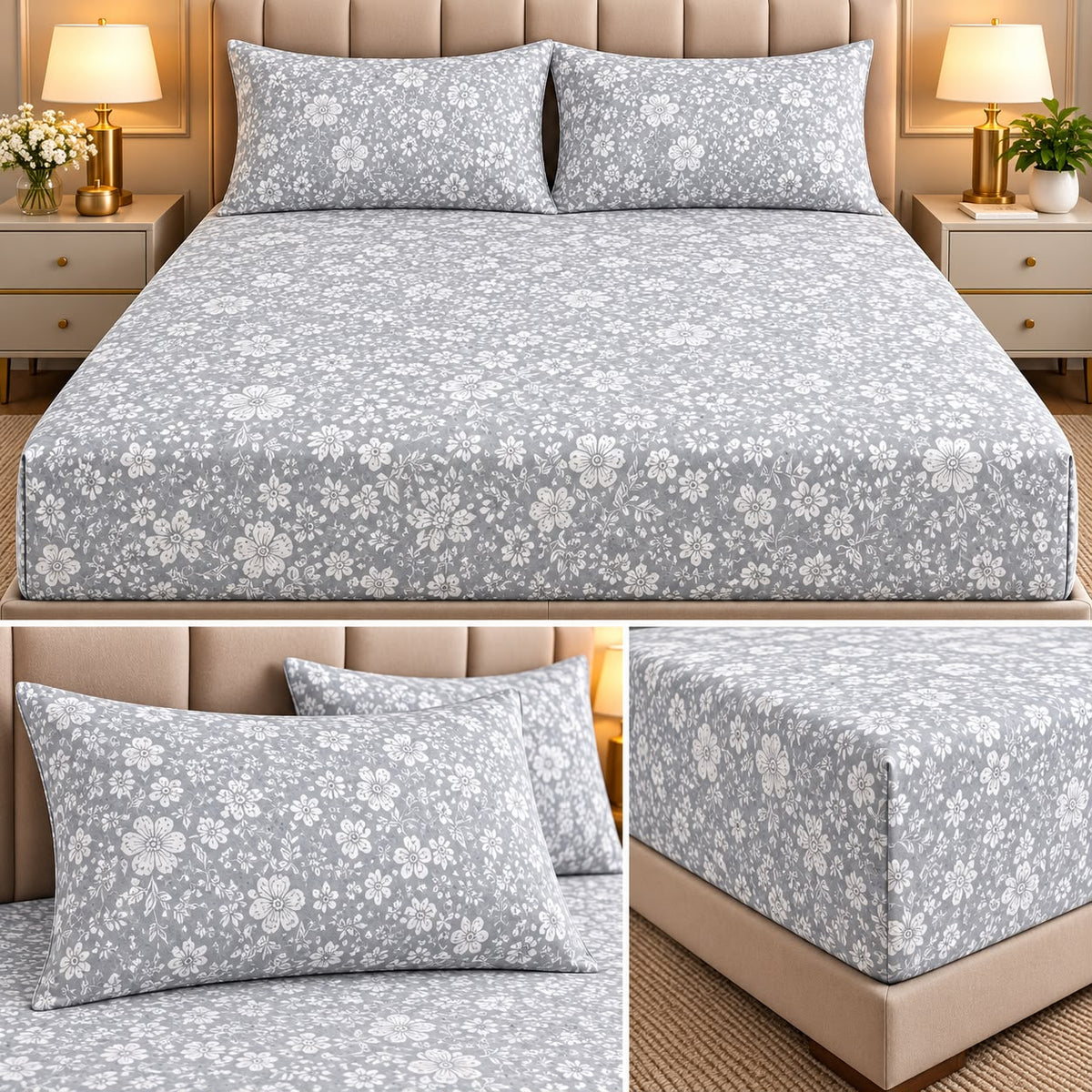 Elegance 100% Cotton King Size Fitted Bedsheet Set – 3 Pcs