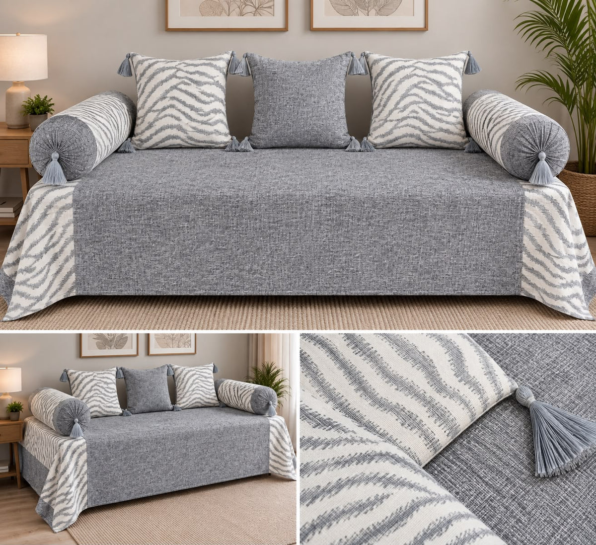 6 Piece Designer Diwan Set with Bedspread, 3 Cushion Covers & 2 Bolster Covers