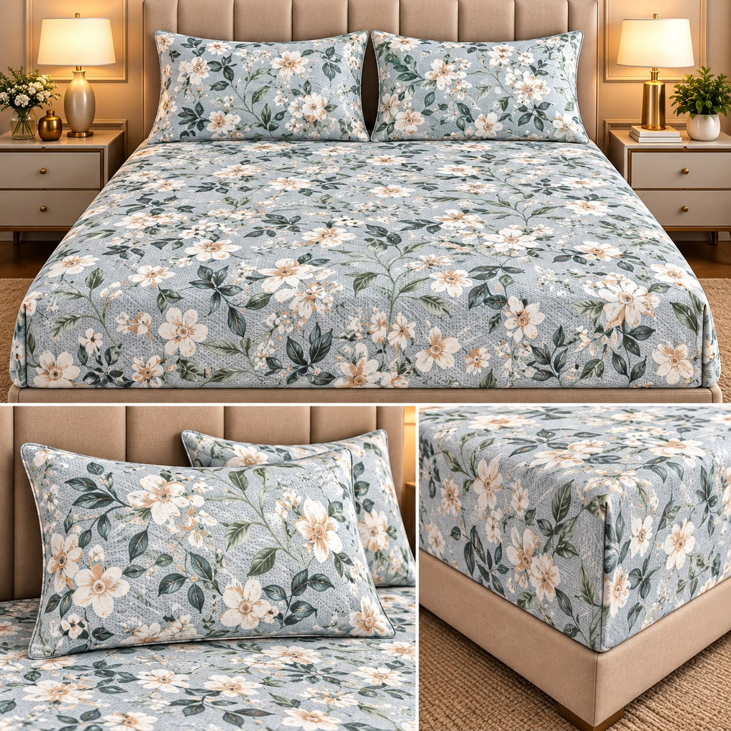 Elegance 100% Cotton King Size Fitted Bedsheet Set – 3 Pcs
