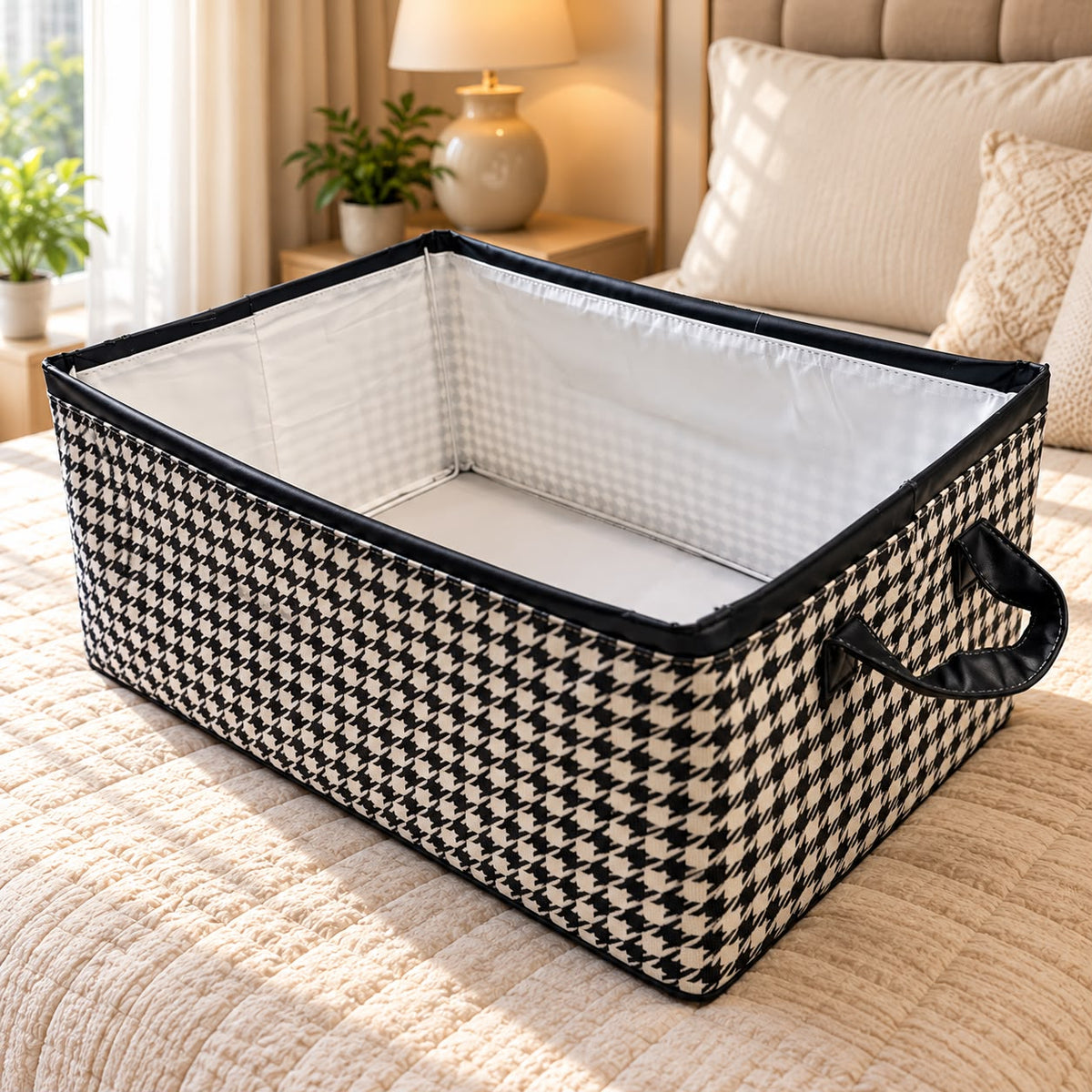 Foldable Storage Organizer Basket – Black & White Houndstooth Design