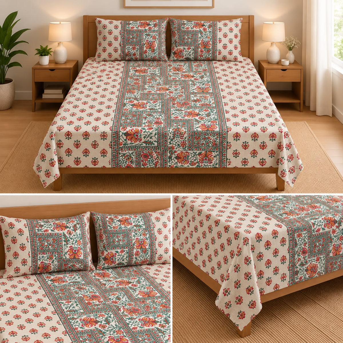Jumbo Calcutta Phulkari Designs King Size Bedsheet Set (120 x 120 Inches) Product Code :- 55B145RKEH