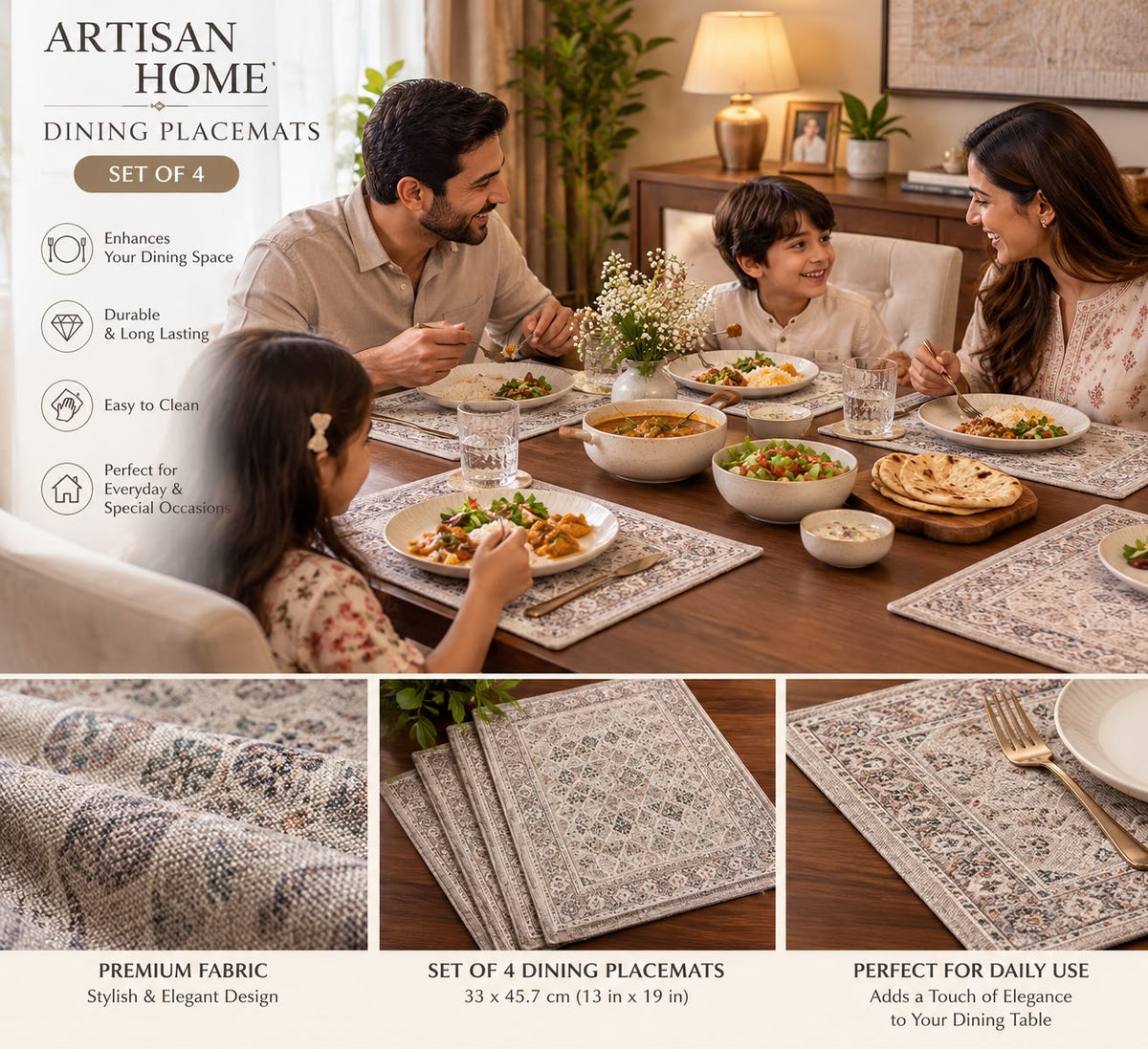Vintage Persian Print Fabric Dining Table Mats – Set of 6
