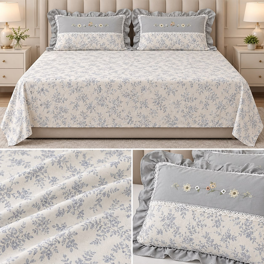 Blush Meadow Luxury Linen Bedsheet Set with Floral Embroidery & Lace Pillow Covers – King Size 3 Pcs