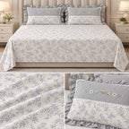 Blush Meadow Luxury Linen Bedsheet Set with Floral Embroidery & Lace Pillow Covers – King Size 3 Pcs