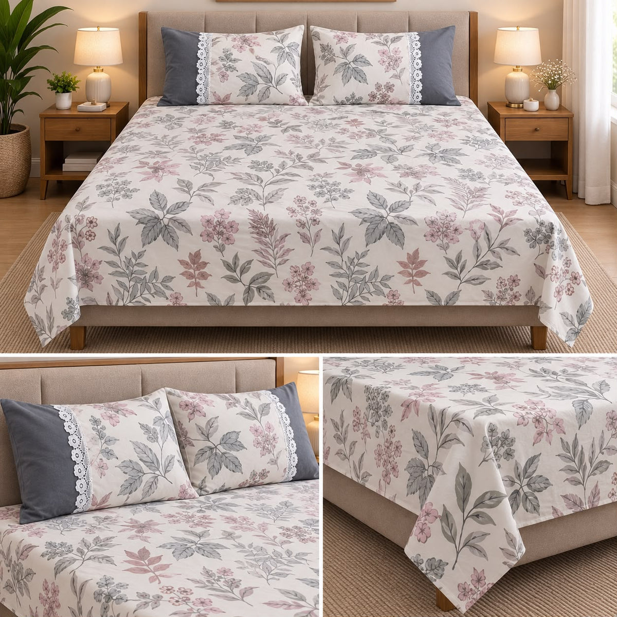 Harmony Bloom Floral King Size Bedsheet Set – 3 Piece
