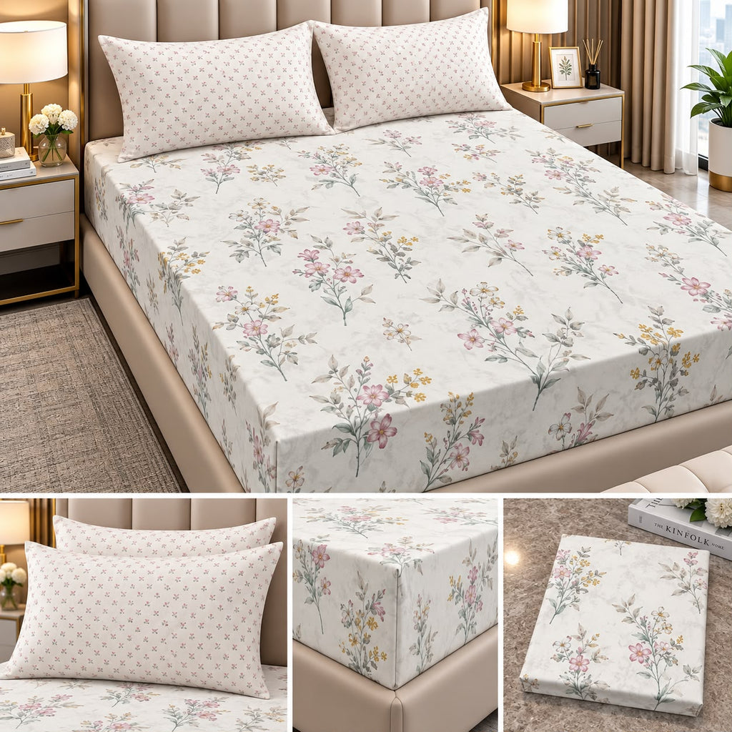 Wildflower Whisper 100% Pure Cotton Fitted Bedsheet Set