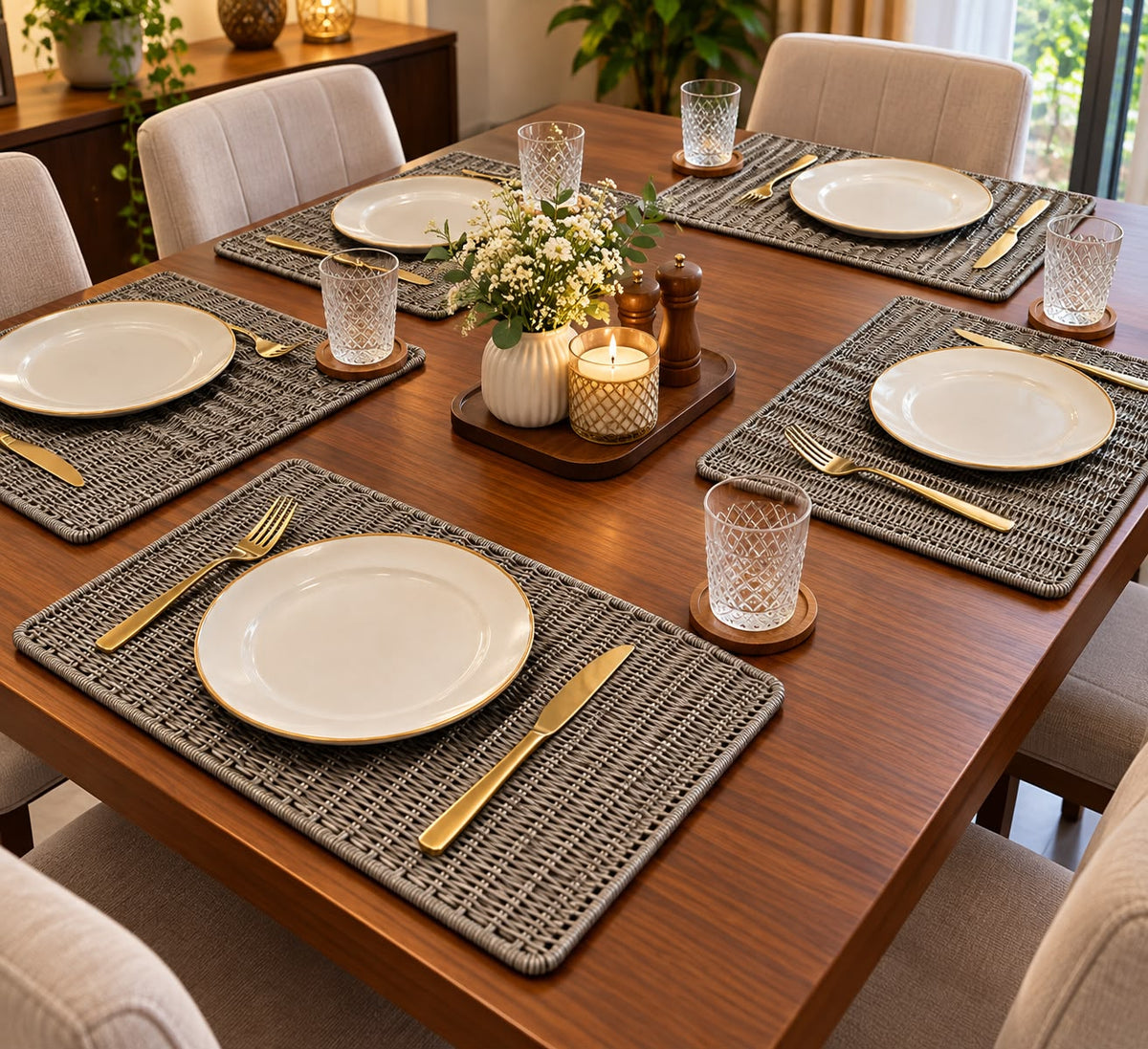 Luxury Turkish Wooden Woven Dining Table Mats – Set of 6 | Elegant Ash Grey