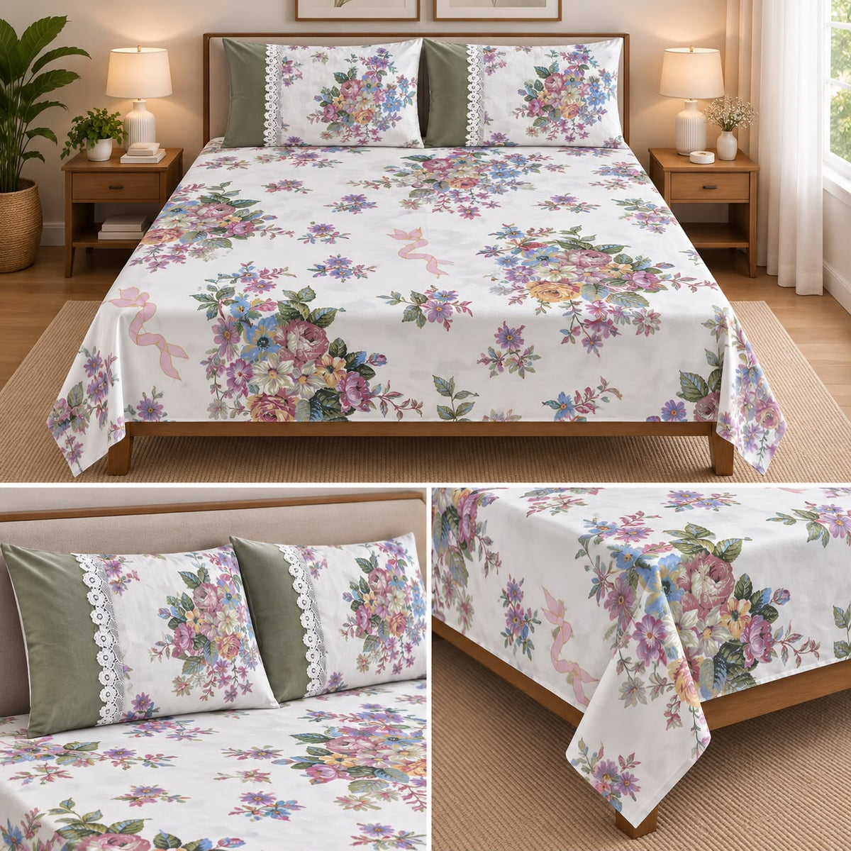 Harmony Bloom Floral King Size Bedsheet Set – 3 Piece