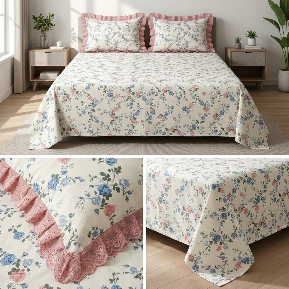 Pure Cotton Floral Bedsheet Set with Elegant Lace-Frilled Pillow Covers – King Size (108 × 108 Inches)