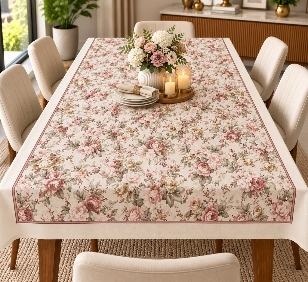 Rosewood Bloom Premium Linen Dining Sheet – 8 Seater | 60 × 108 Inches