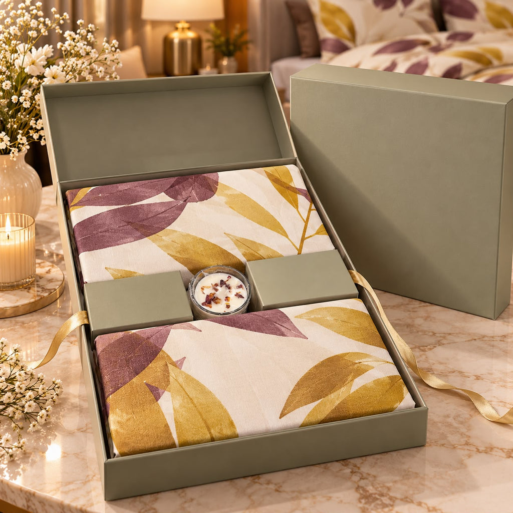 Premium Luxury Bedsheet Gift Box – 3 Piece King Size Bedsheet Set with Perfumed Candle