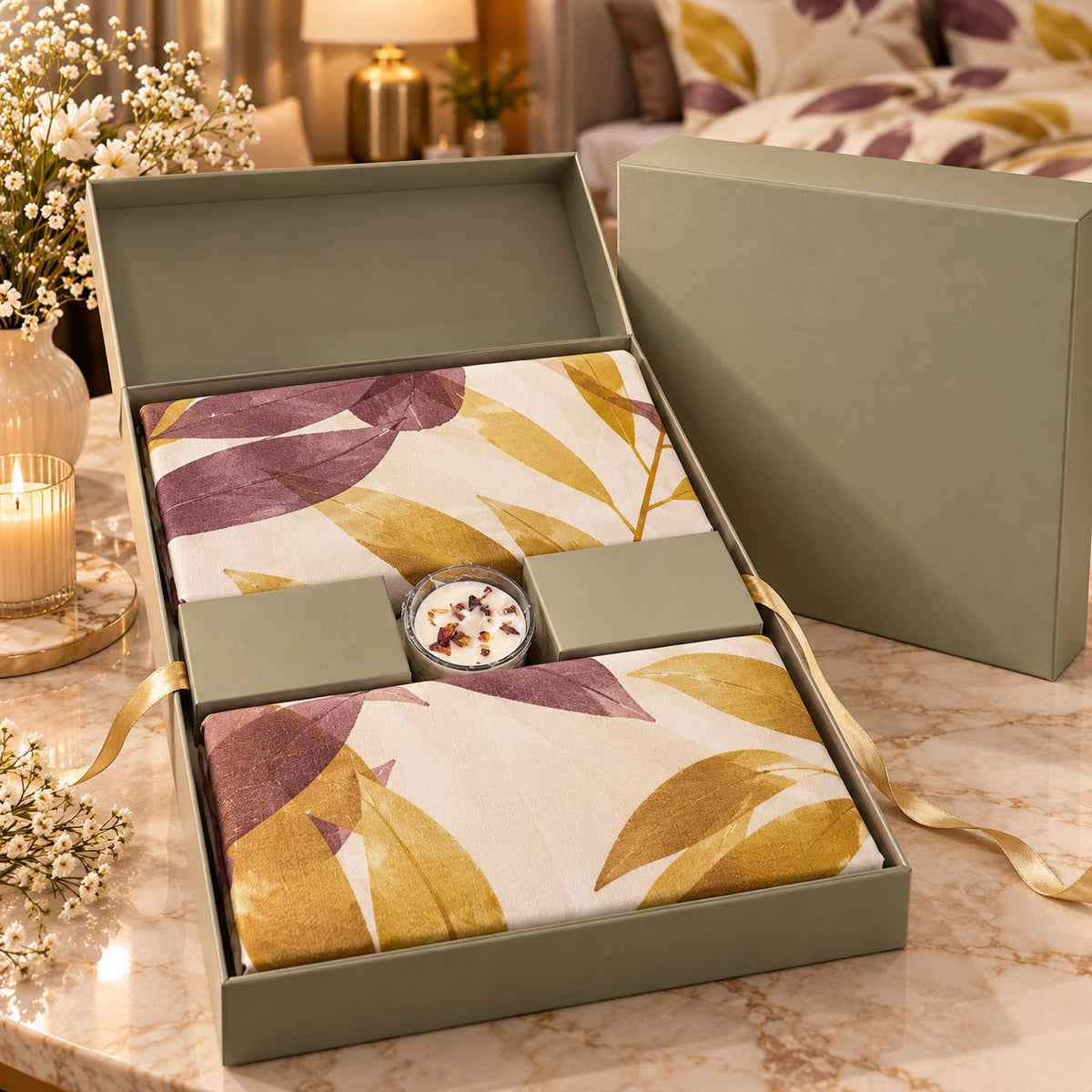 Premium Luxury Bedsheet Gift Box – 3 Piece King Size Bedsheet Set with Perfumed Candle