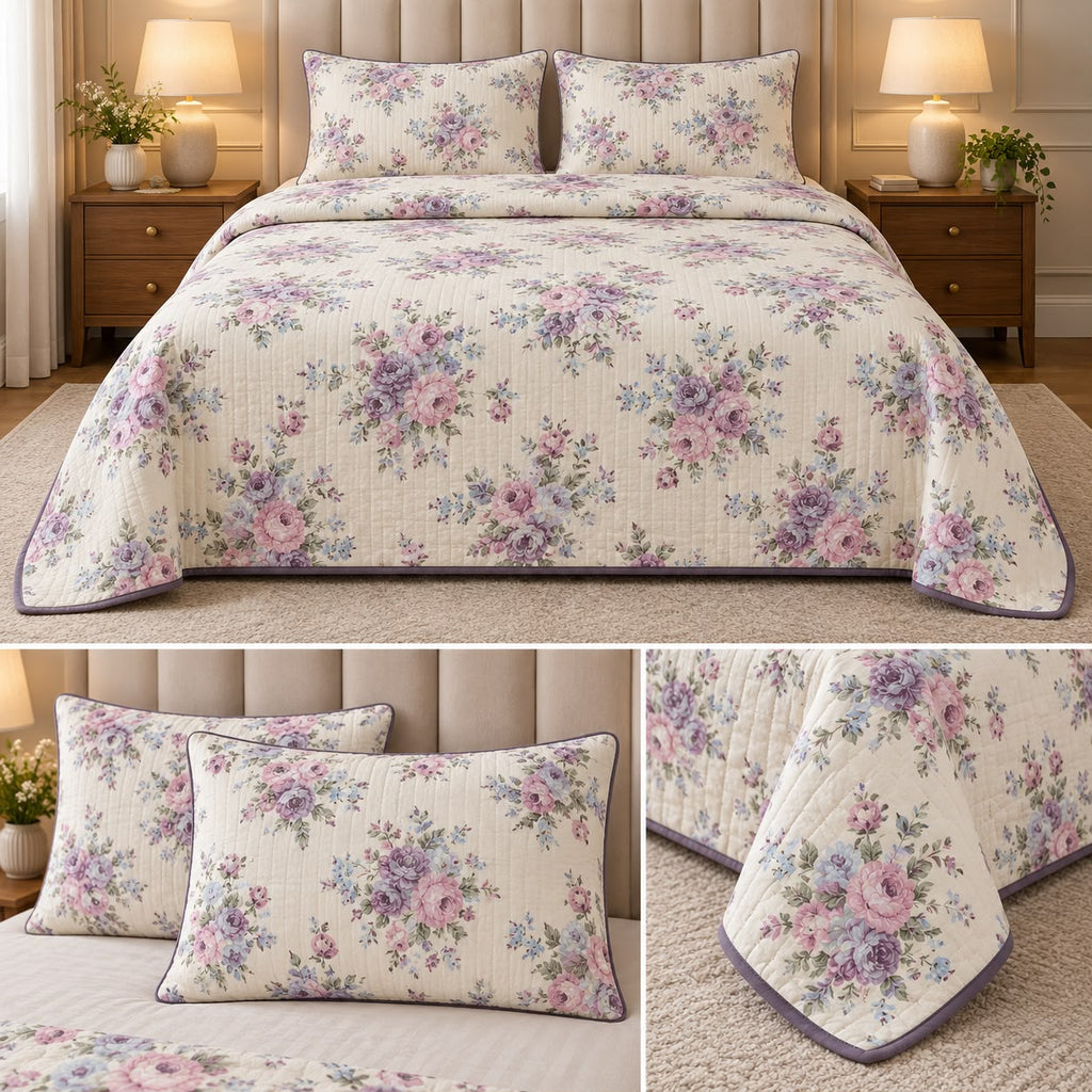 Vintage Bloom Quilted Bedcover Set – King Size 3 Pcs 100 % Pure Cotton