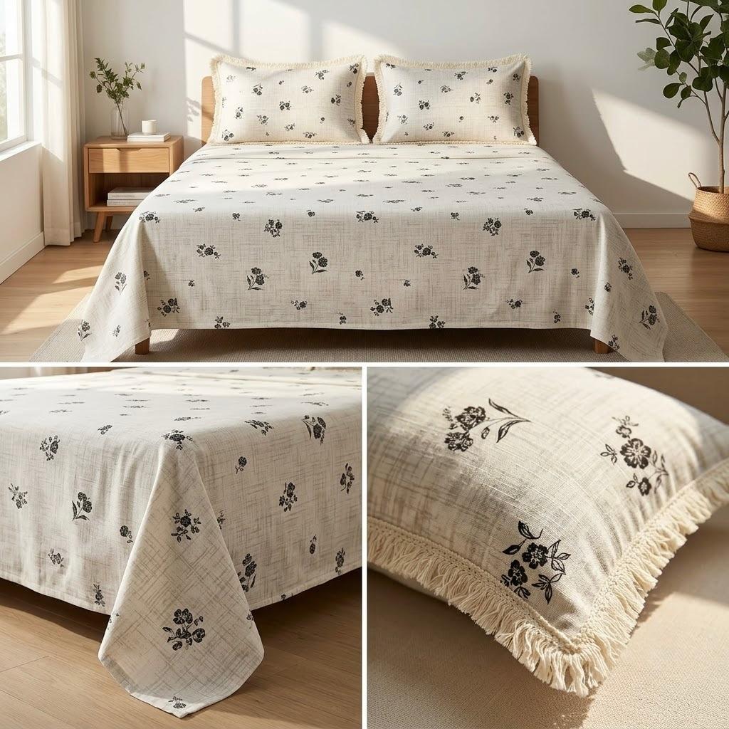 Designer Cotton Bedsheet Set with Elegant Tassel Fringe Pillow Covers – King Size (3 Pcs)