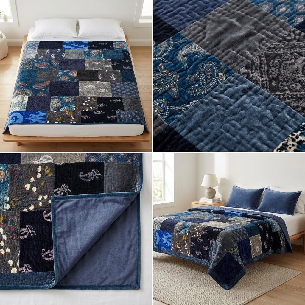 Midnight Mosaic Patchwork Velvet King Size Bedcover