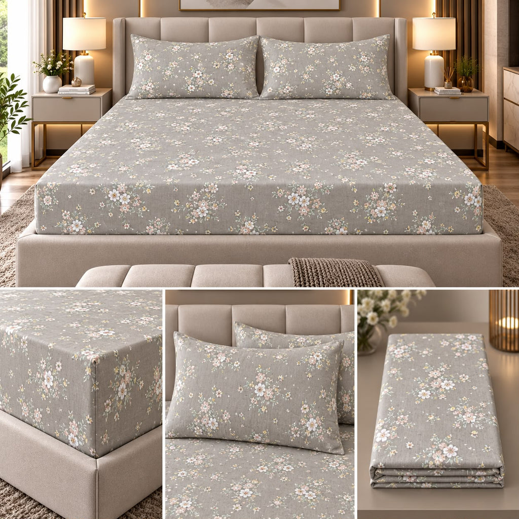 English Meadow 100% Cotton King Fitted Bedsheet – 3 Pcs Set